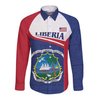 Personalized Liberia button shirt with coat of arms crest, blue and red long sleeves