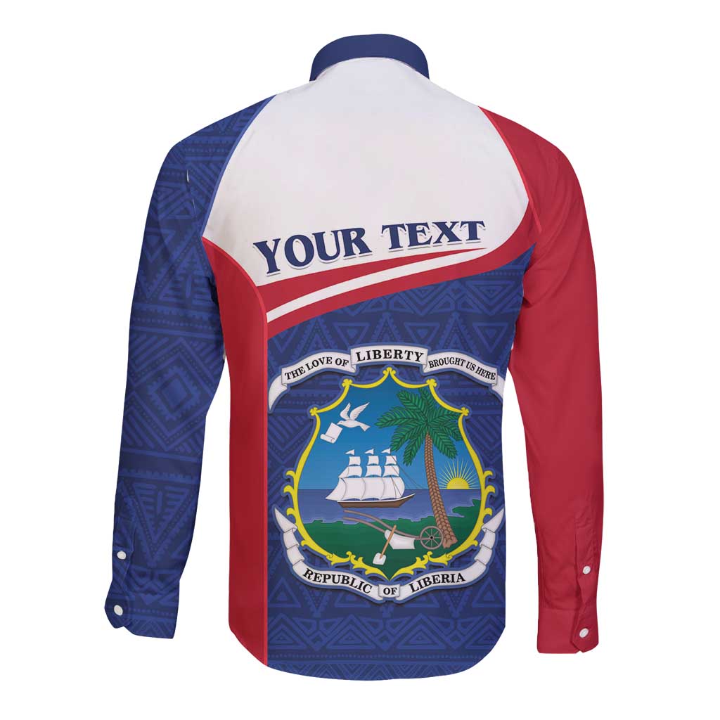 Personalized Liberia back button shirt with 'YOUR TEXT' and coat of arms, blue and red long sleeves