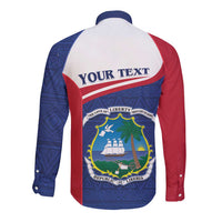 Personalized Liberia back button shirt with 'YOUR TEXT' and coat of arms, blue and red long sleeves