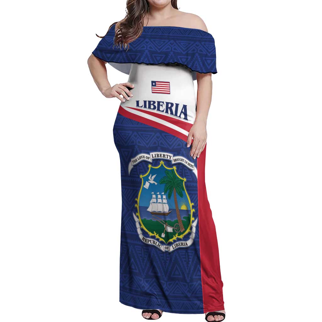 Personalised Liberia Off Shoulder Maxi Dress Coat Of Arms - African Pattern - Wonder Print Shop