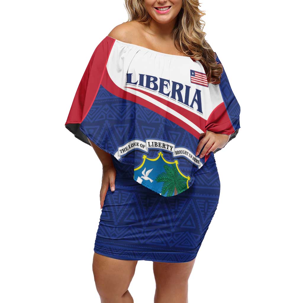 Personalised Liberia Off Shoulder Short Dress Coat Of Arms - African Pattern - Wonder Print Shop