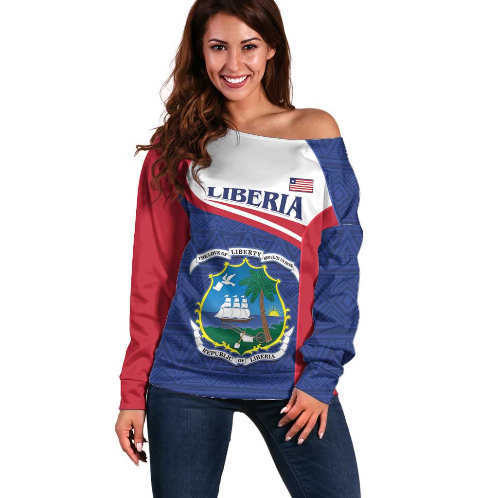 Personalised Liberia Off Shoulder Sweater Coat Of Arms - African Pattern - Wonder Print Shop