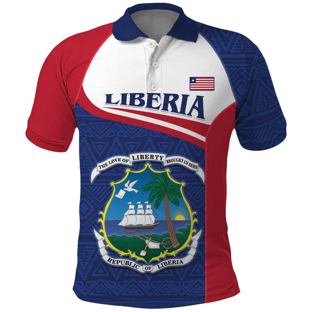 Personalized Liberia polo shirt with crest front, blue and red raglan sleeves