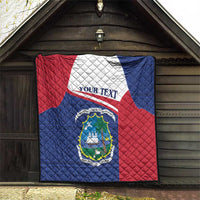 Liberia quilt coat of arms blanket hanging indoors, red white and blue with personalized text