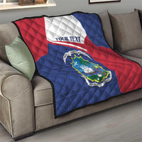 Liberia quilt coat of arms blanket on couch, red white and blue with personalized text