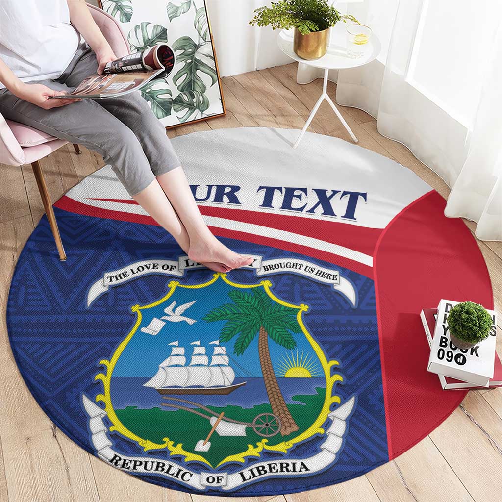 Round Liberia coat of arms carpet, blue center with red border and personalized text