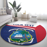 Round Liberia coat of arms area rug with blue shield, red outer border, 'YOUR TEXT' band