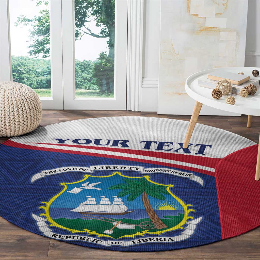 Round Liberia coat of arms carpet with blue emblem, red trim, and personalized banner