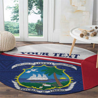Round Liberia coat of arms carpet with blue emblem, red trim, and personalized banner