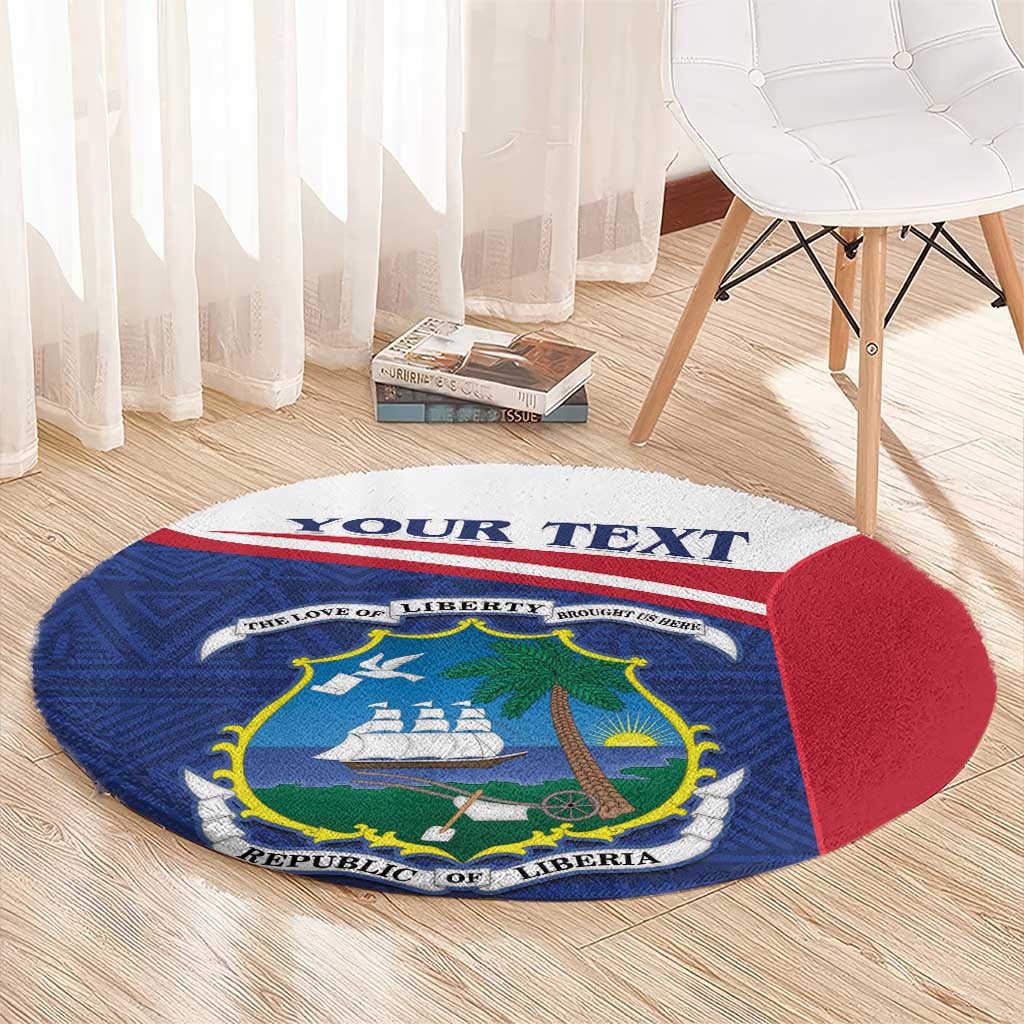 Round Liberia coat of arms carpet on wood floor, blue shield with red edge and text