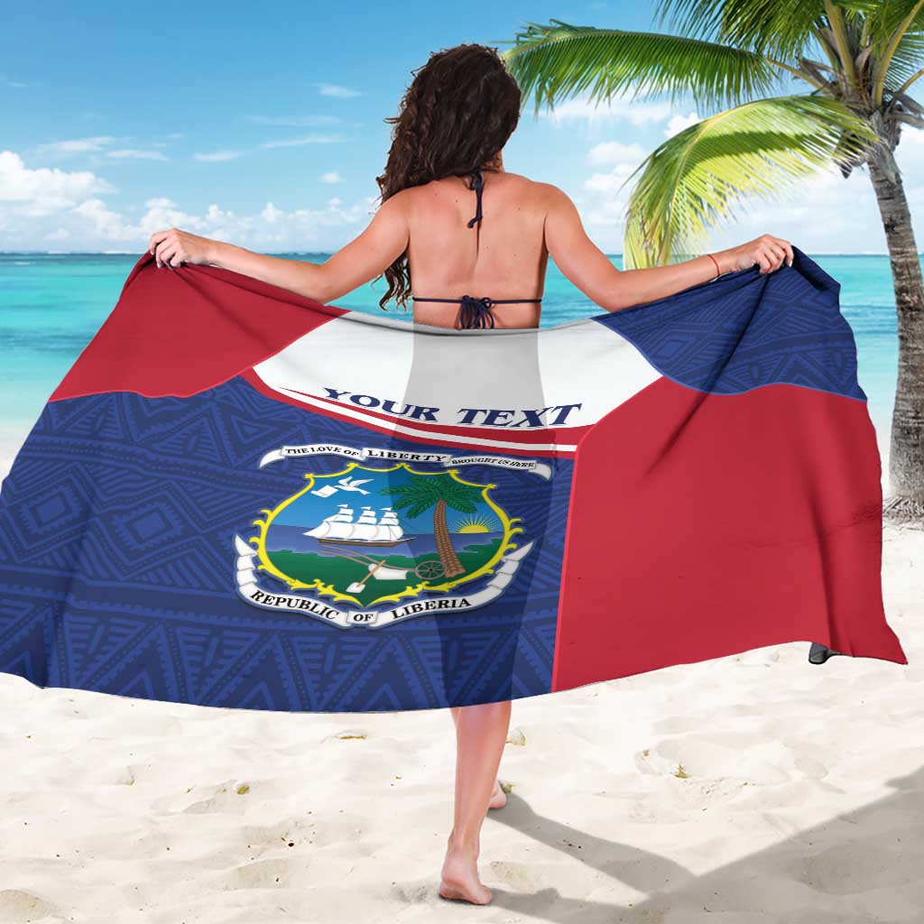 Personalized sarong coat with back print of Liberia coat-of-arms and 'YOUR TEXT', blue/red