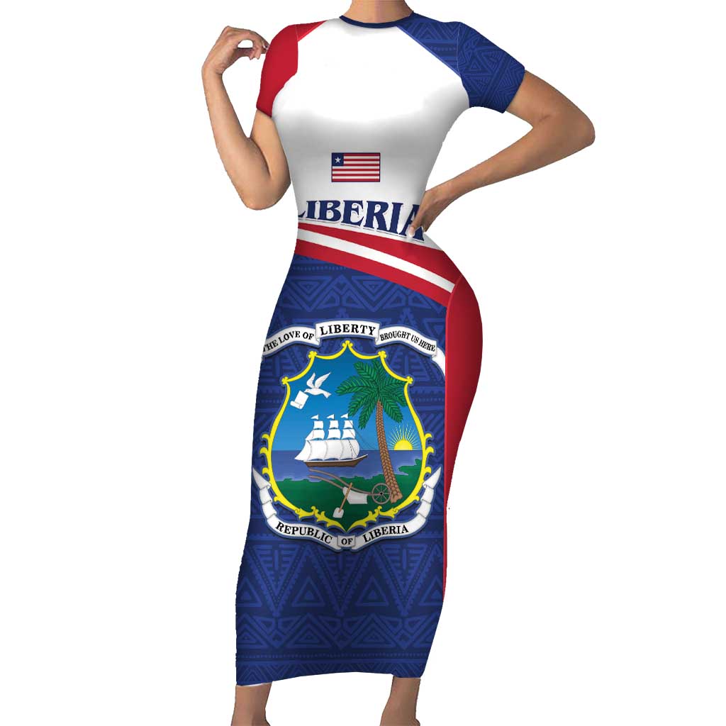 Personalised Liberia Short Sleeve Bodycon Dress Coat Of Arms - African Pattern - Wonder Print Shop