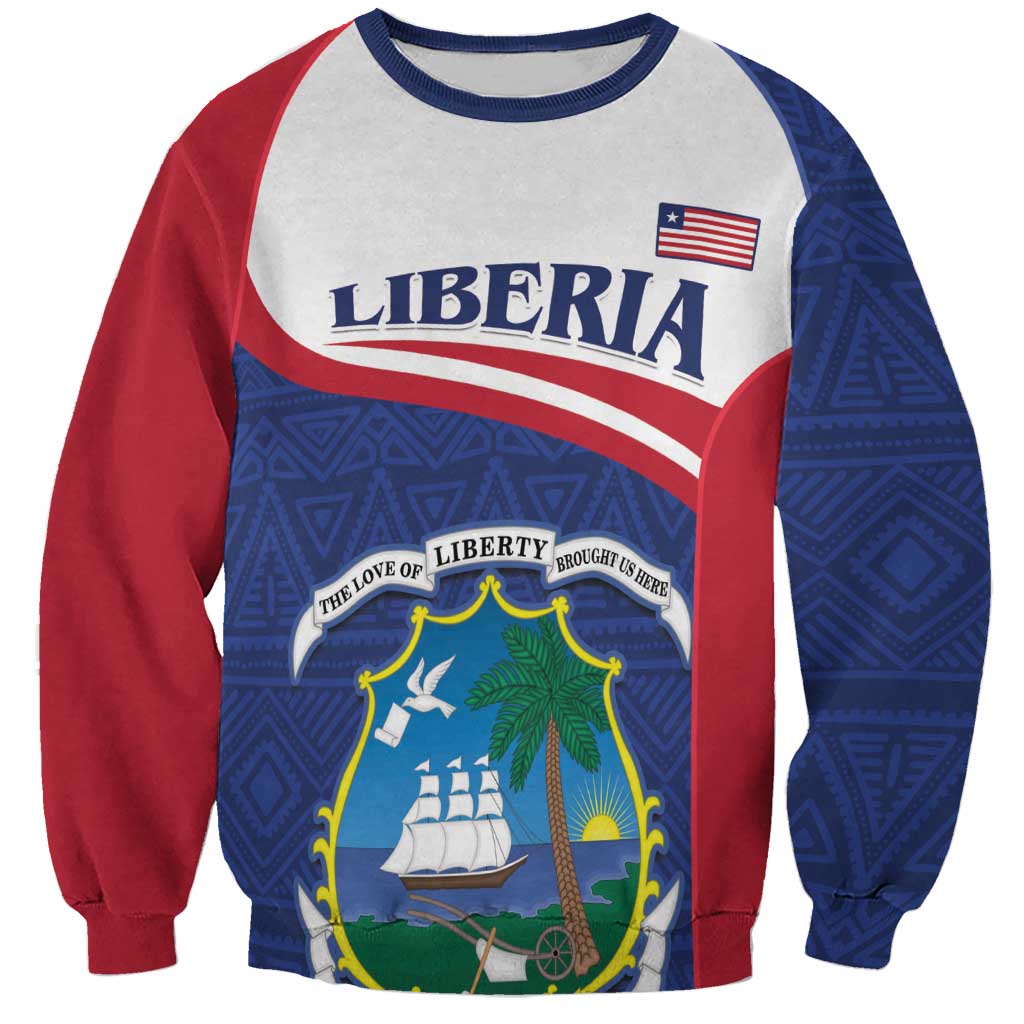 Raglan sweatshirt with Liberia coat-of-arms print, blue sleeves and red sleeves