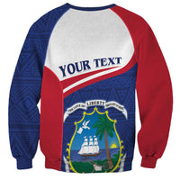 Raglan sweatshirt with 'YOUR TEXT' coat-of-arms print, blue and red sleeves
