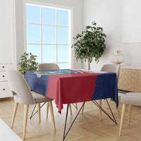 Personalized Liberia coat of arms tablecloth on dining table in blue and red