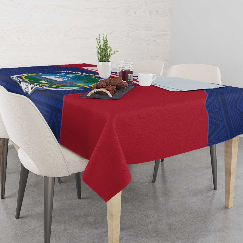 Blue and red Liberia crest tablecloth with angled centerpiece design