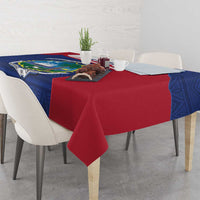 Blue and red Liberia crest tablecloth with angled centerpiece design