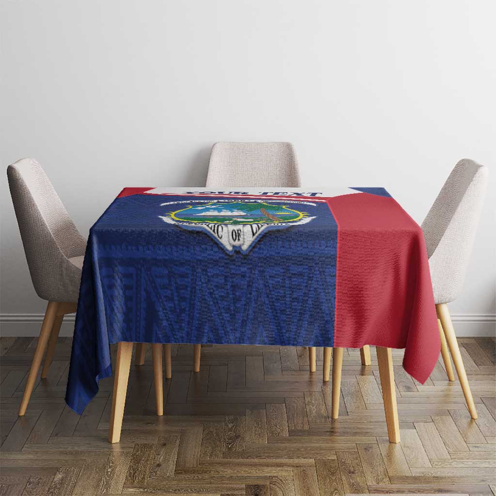 Blue and red Liberia crest tablecloth with decorative border and inset emblem