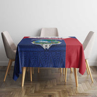 Blue and red Liberia crest tablecloth with decorative border and inset emblem