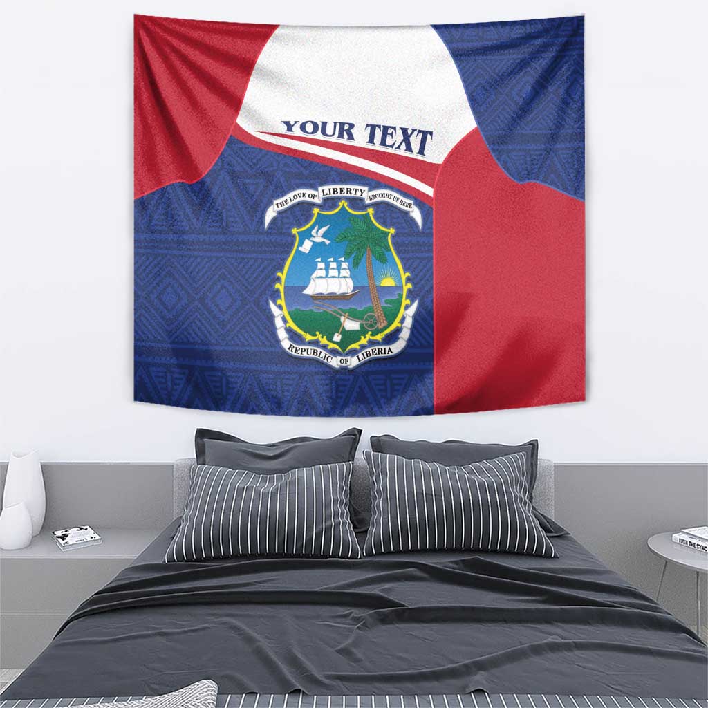 Red, white and blue Liberia coat of arms tapestry with 'YOUR TEXT' header and crest