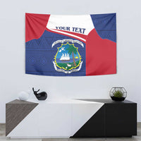 Red, white and blue Liberia coat of arms tapestry with 'YOUR TEXT' and circular crest