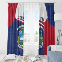 Liberia coat of arms window curtain set with custom text, draped over a white doorway