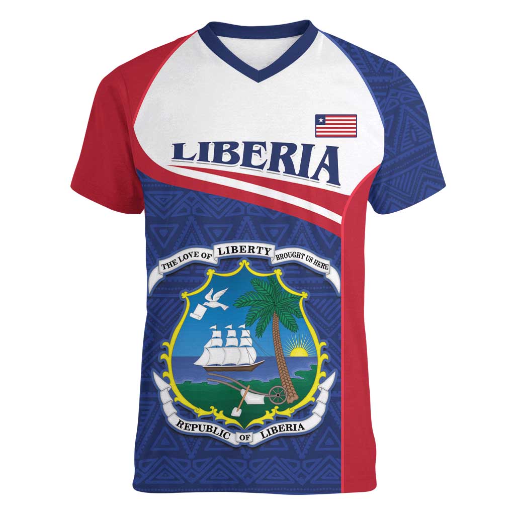 Personalised Liberia Women V-Neck T-Shirt Coat Of Arms - African Pattern - Wonder Print Shop