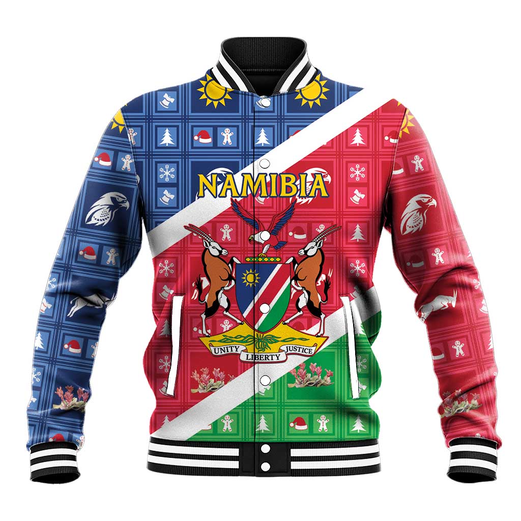 Unisex baseball jacket with Namibian coat of arms graphic, red/blue/green diagonal panels