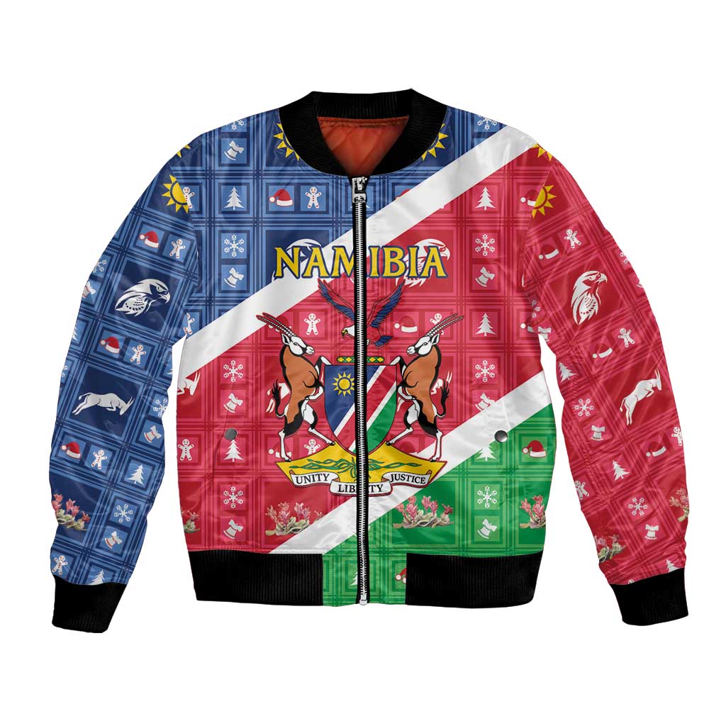 Unisex Christmas bomber jacket with red, blue, green graphic, zip front and ribbed cuffs