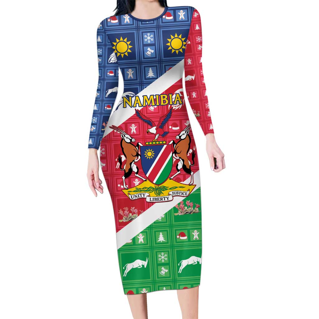 Namibia Christmas Long Sleeve Bodycon Dress Coat Of Arms Frohe Weihnachten - Wonder Print Shop