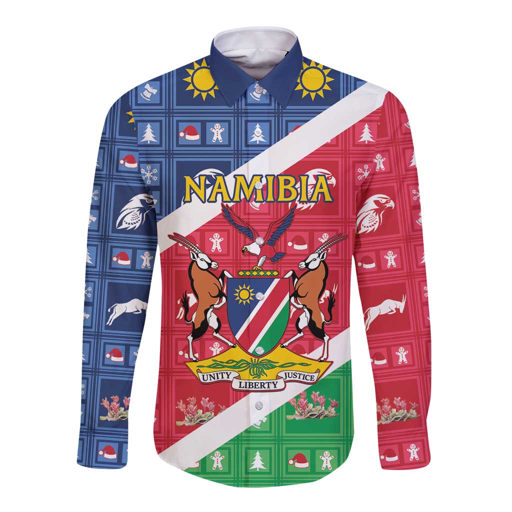 Long-sleeve button shirt with Namibia crest, red blue green holiday pattern