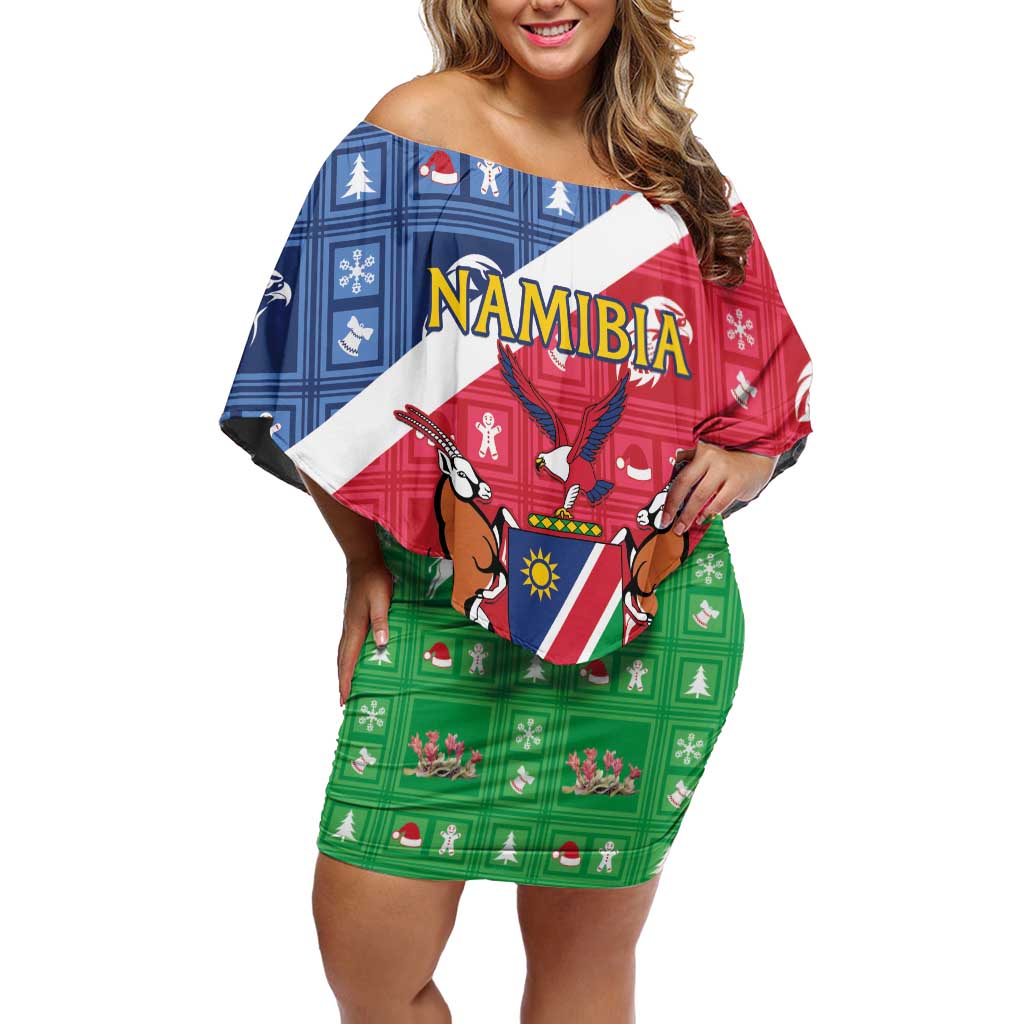 Namibia Christmas Off Shoulder Short Dress Coat Of Arms Frohe Weihnachten - Wonder Print Shop