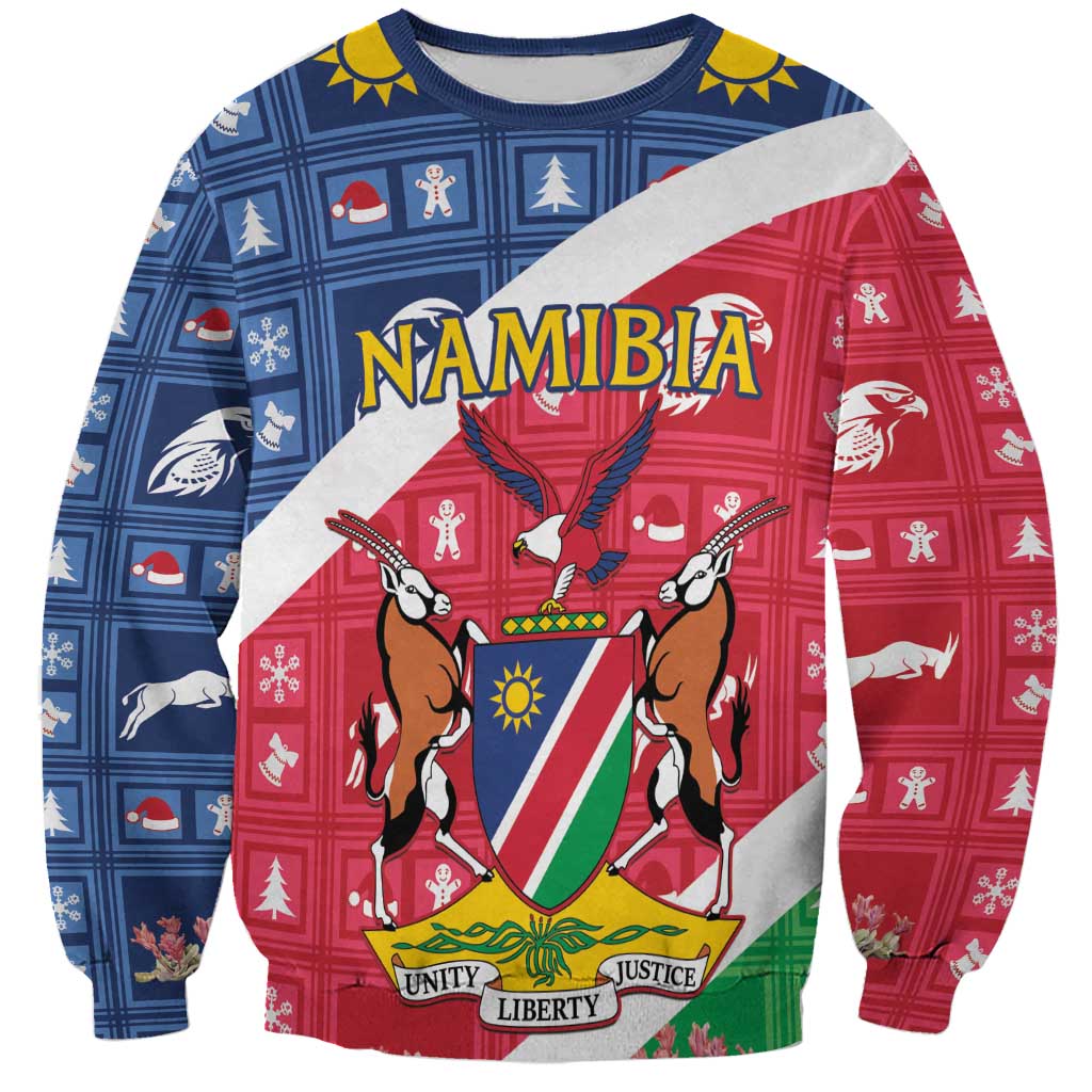 Namibia Christmas sweatshirt, red and blue plaid with coat of arms graphic
