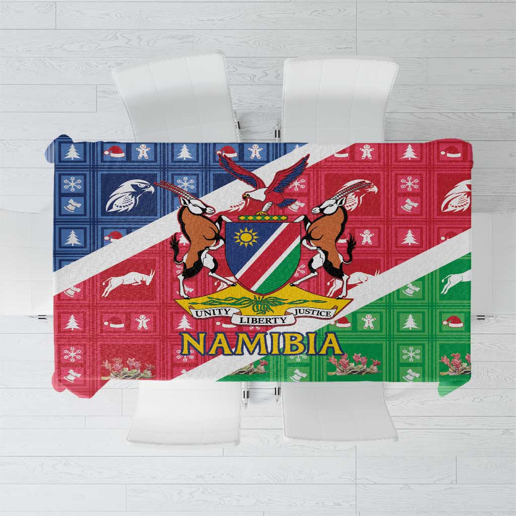 Namibia coat-of-arms Christmas tablecloth, red/green with white diagonal stripe