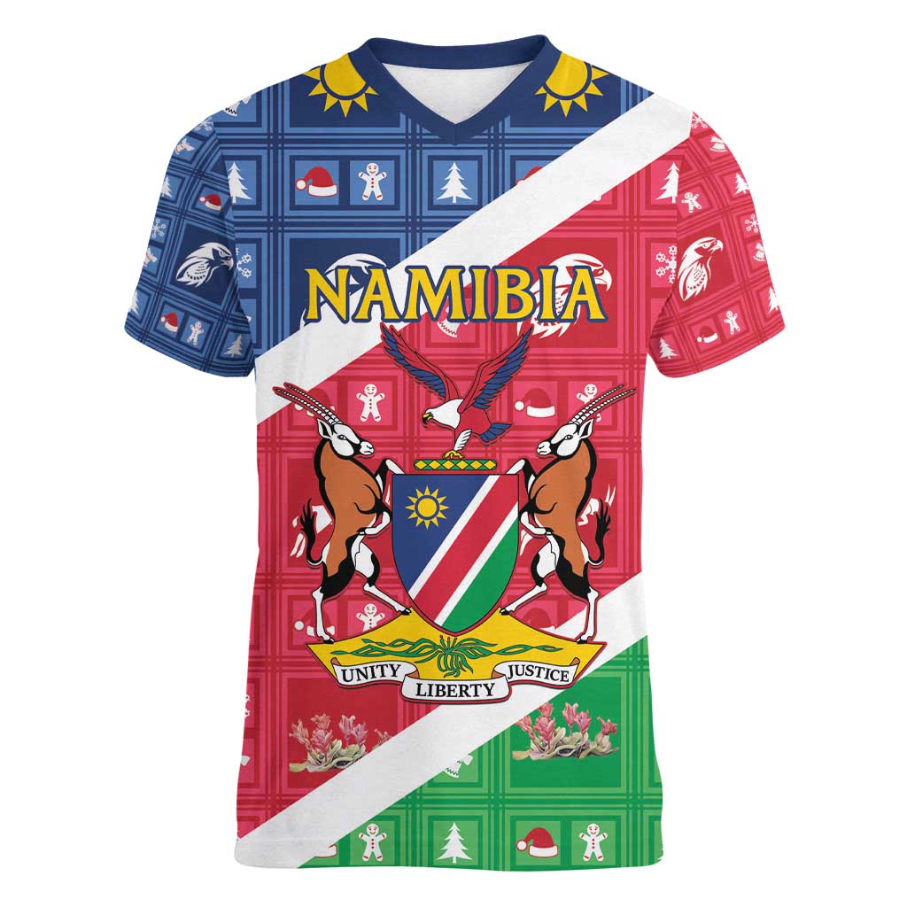 Namibia Christmas Women V-Neck T-Shirt Coat Of Arms Frohe Weihnachten - Wonder Print Shop