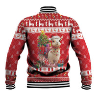 Red baseball jacket back with alpaca, Christmas tree, and Feliz Navidad lettering; striped hem