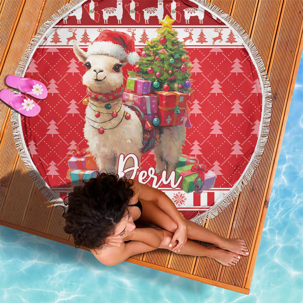 Red circular Christmas blanket showing alpaca Santa hat, gifts, and 'Peru' lettering