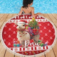 Red round Christmas beach blanket with alpaca in Santa hat and 'Peru' text