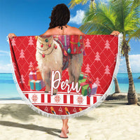 Red circular Christmas beach blanket with alpaca in Santa hat, gifts, and 'Peru' mark