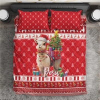 Red Christmas bedding set with alpaca, pine trees, gifts, and “Peru” print