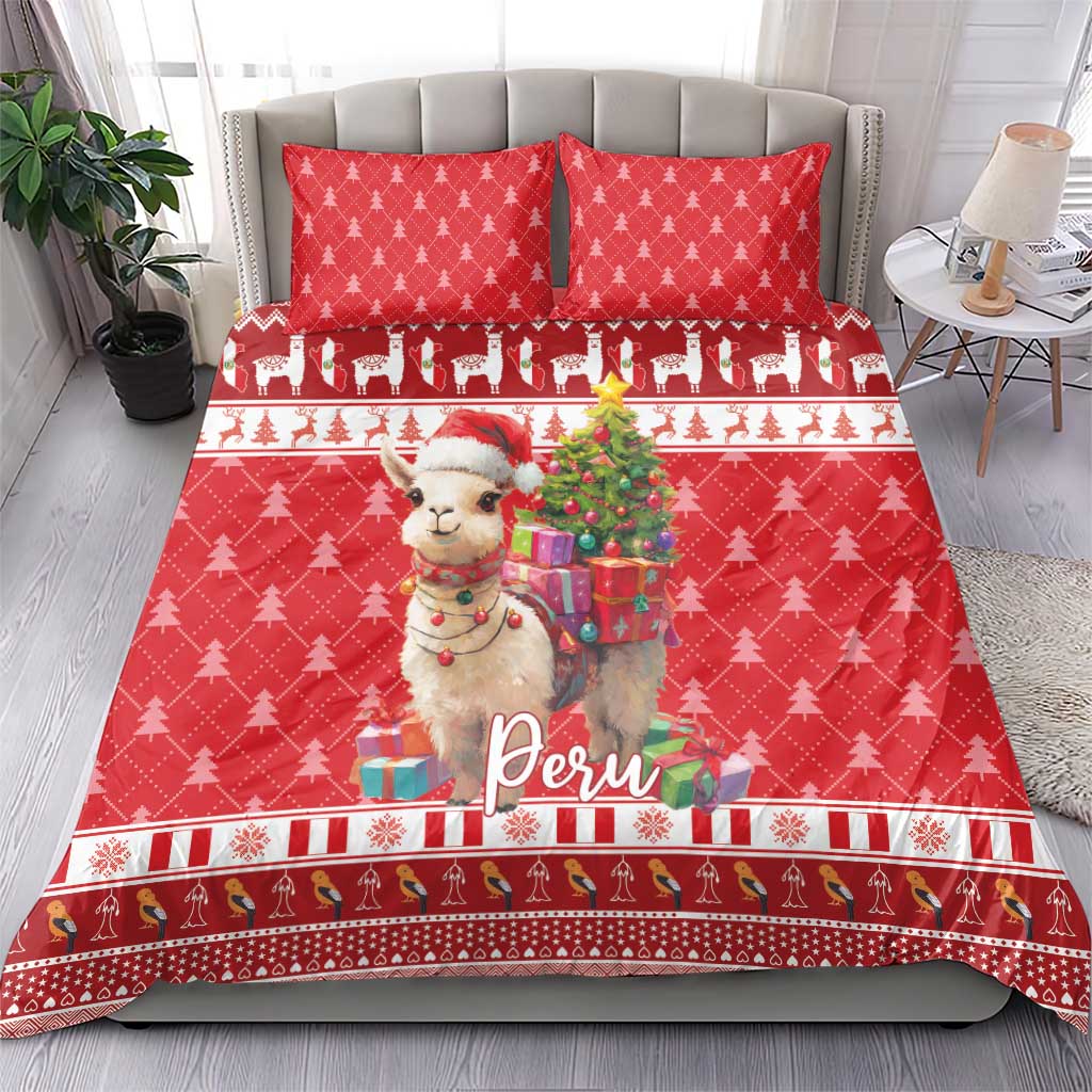 Red Christmas duvet and pillow set featuring alpaca with gifts and “Peru” text