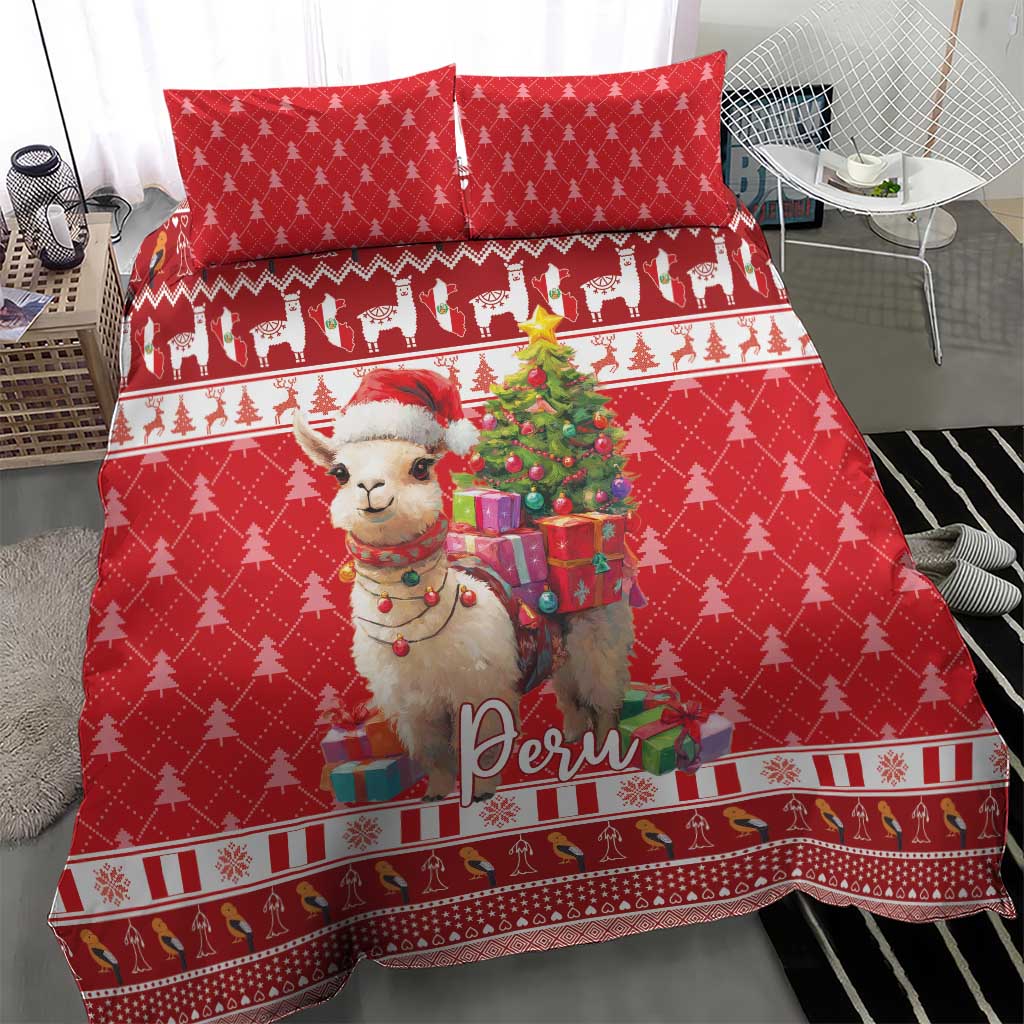 Red Christmas bedding set with alpaca, pine trees, gift boxes, and “Peru” graphic