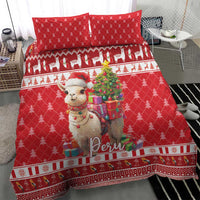 Red Christmas bedding set with alpaca, pine trees, gift boxes, and “Peru” graphic