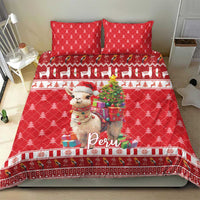 Red Christmas bedding set with alpaca, festive border patterns, and “Peru” text
