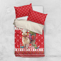 Red Christmas duvet with two matching pillows featuring alpaca and “Peru” print