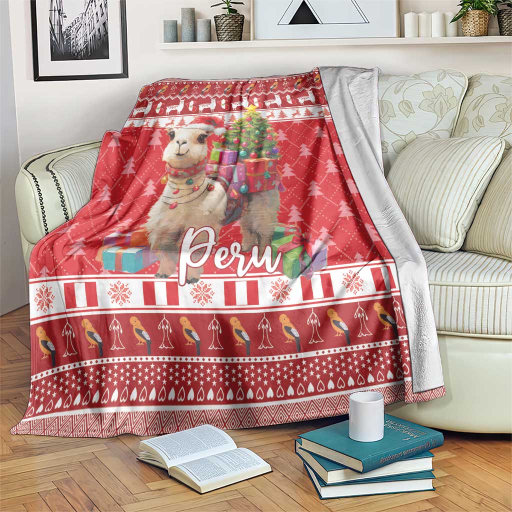Red Christmas blanket with alpaca holding gifts and “Peru” text