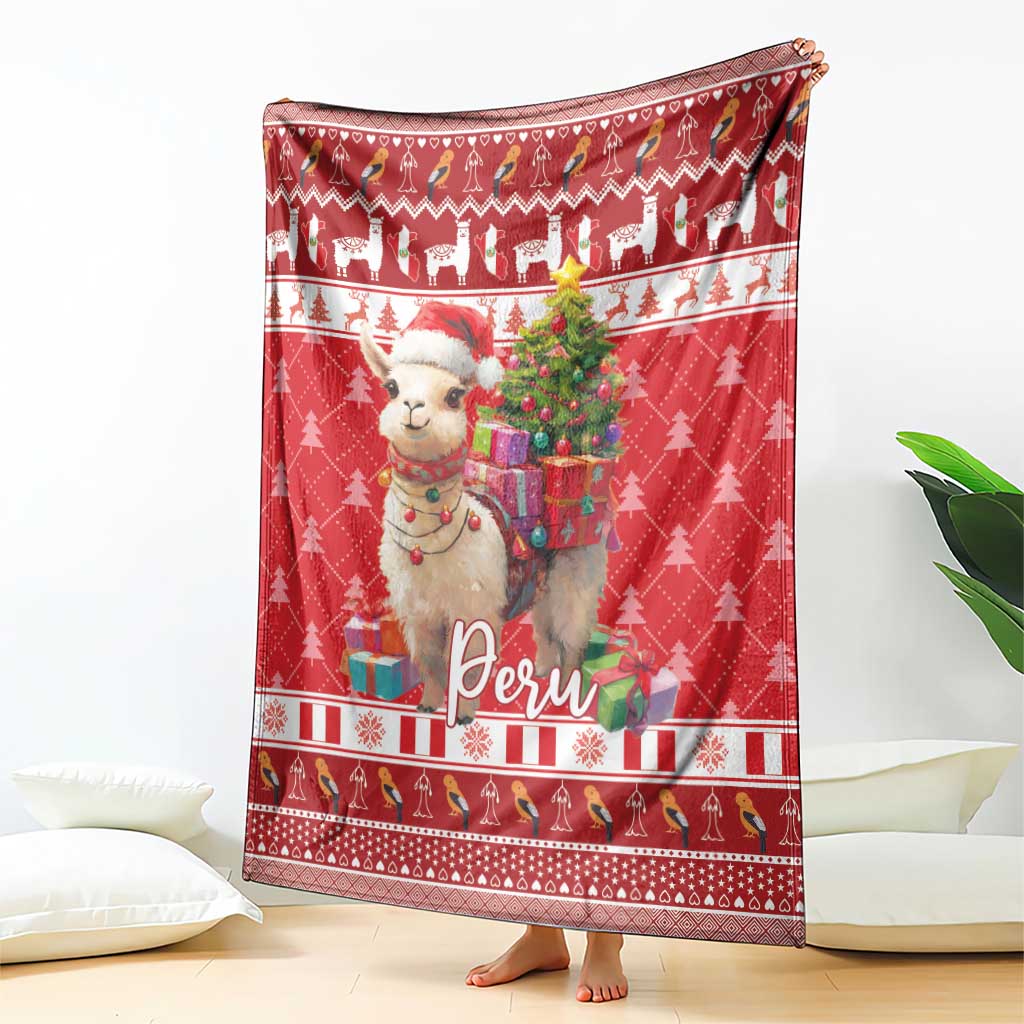 Red Christmas throw blanket with alpaca, trees, gifts, and “Peru” lettering