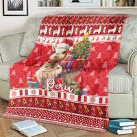 Red Christmas blanket with alpaca, pine trees, and “Peru” text across the center
