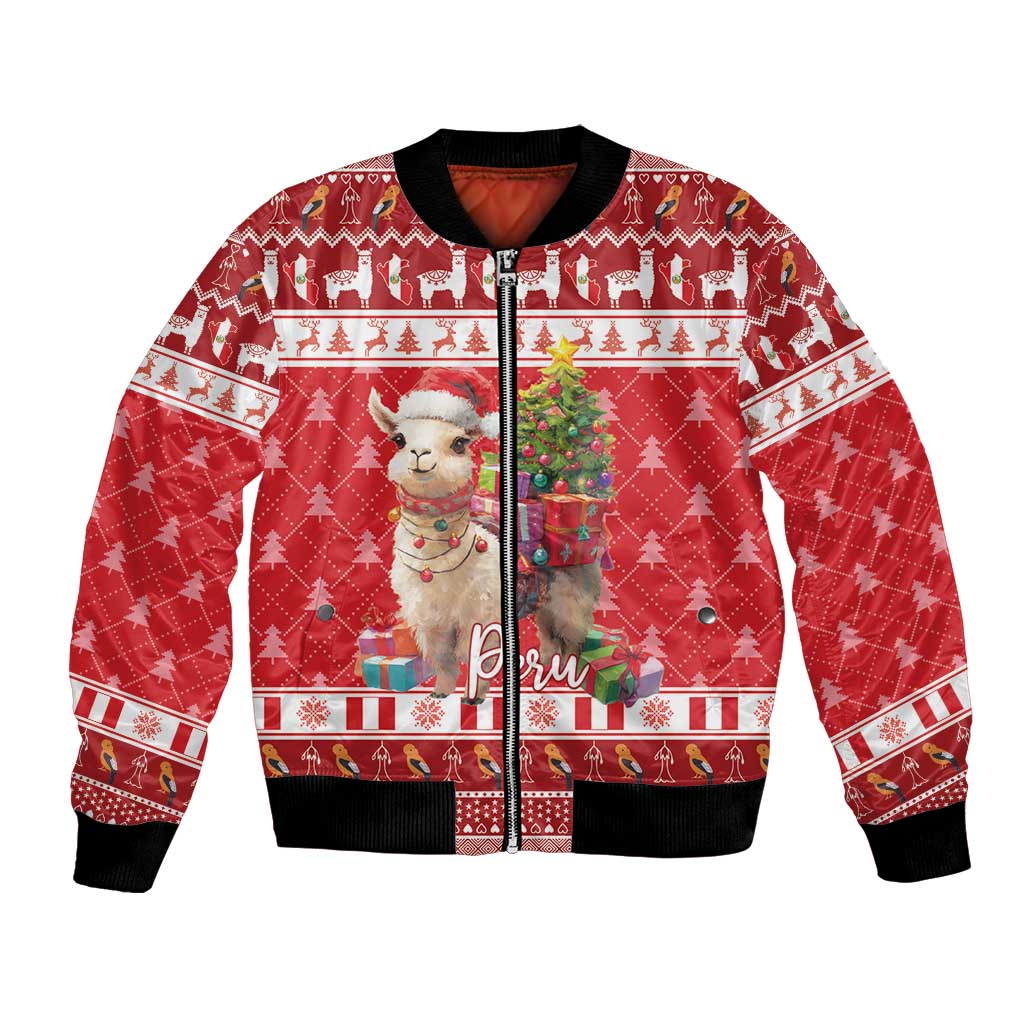Unisex red bomber jacket with full zip, black ribbed cuffs, alpaca holiday graphic