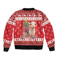 Red bomber jacket with black ribbed hem and cuffs, Feliz Navidad alpaca art
